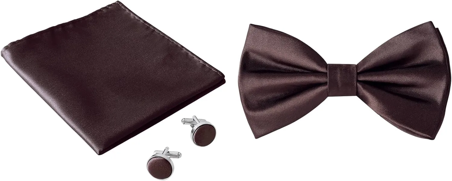 HOULIFE Men's Bow Ties Pretied Solid Color Satin Formal Tuxedo Bowties and Pocket Square Cufflinks Sets for Wedding Party
