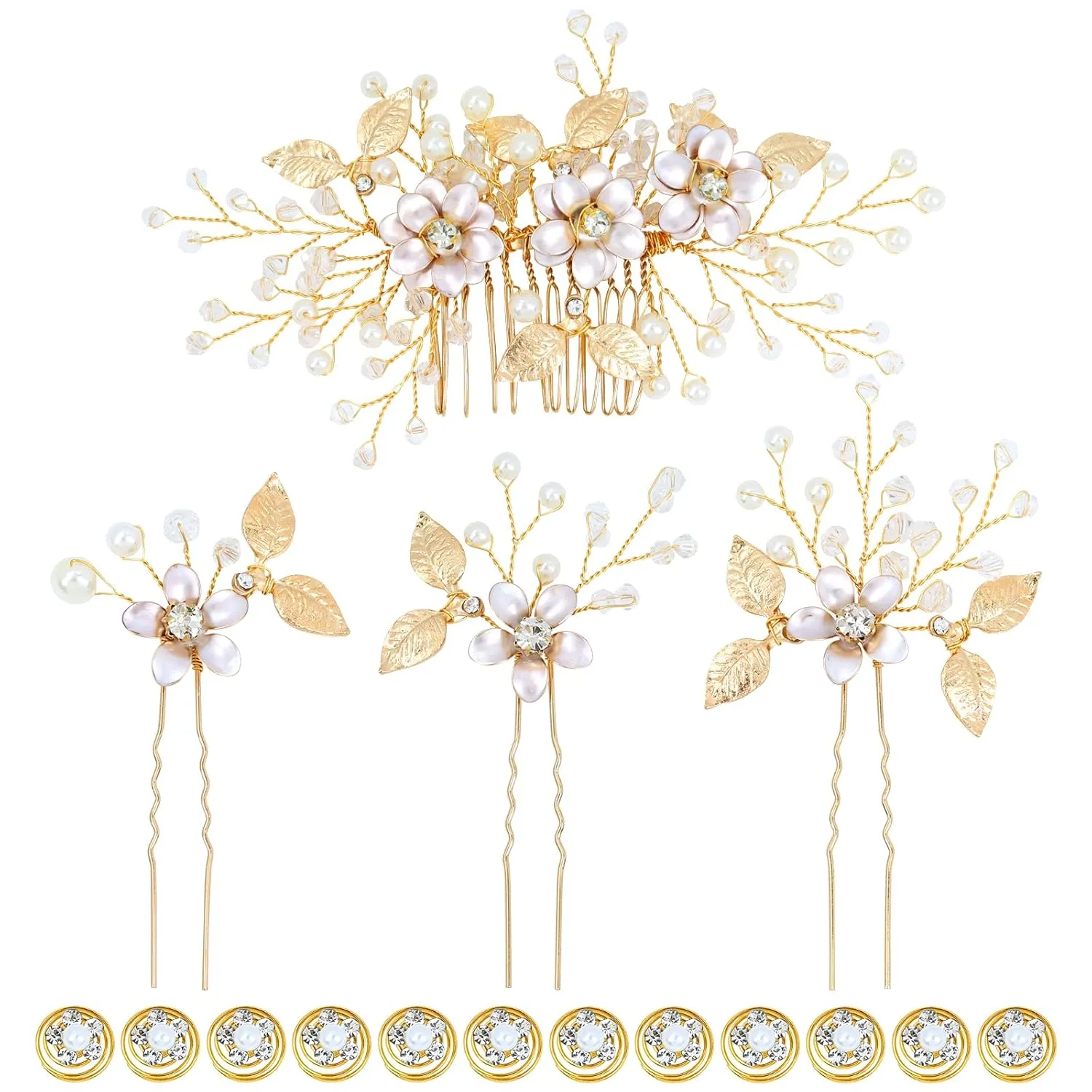 inSowni 16 Pcs Gold Metal Wedding Bridal Crystal Rhinestone Pearl Flower Hair Side Comb U-shaped Flower Hair Pins Pearl Rhinestone Twist Spiral Hairpins Headpieces for Brides Bridesmaids Women Girls