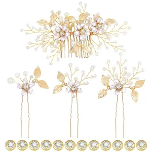 inSowni 16 Pcs Gold Metal Wedding Bridal Crystal Rhinestone Pearl Flower Hair Side Comb U-shaped Flower Hair Pins Pearl Rhinestone Twist Spiral Hairpins Headpieces for Brides Bridesmaids Women Girls