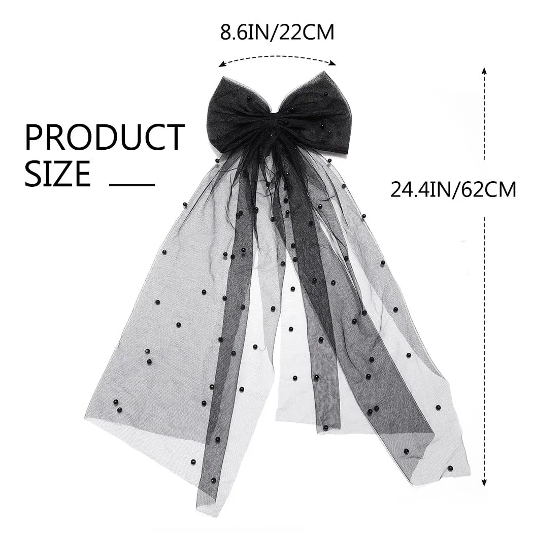 JEAIRTS Bridal Hair Bow Veil Pearl Wedding Hair Piece White Tulle Bow with Clip Bachelorette Party Hair Accessories for Women (Style 2-Black)
