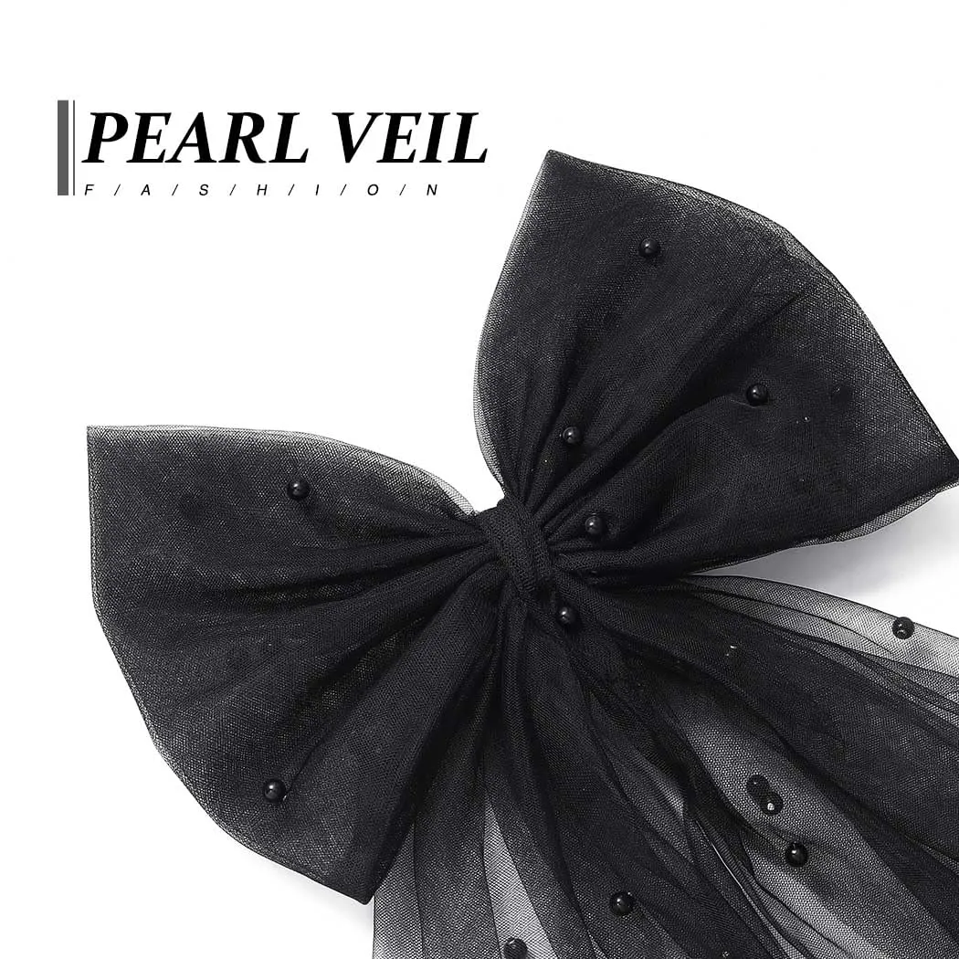 JEAIRTS Bridal Hair Bow Veil Pearl Wedding Hair Piece White Tulle Bow with Clip Bachelorette Party Hair Accessories for Women (Style 2-Black)