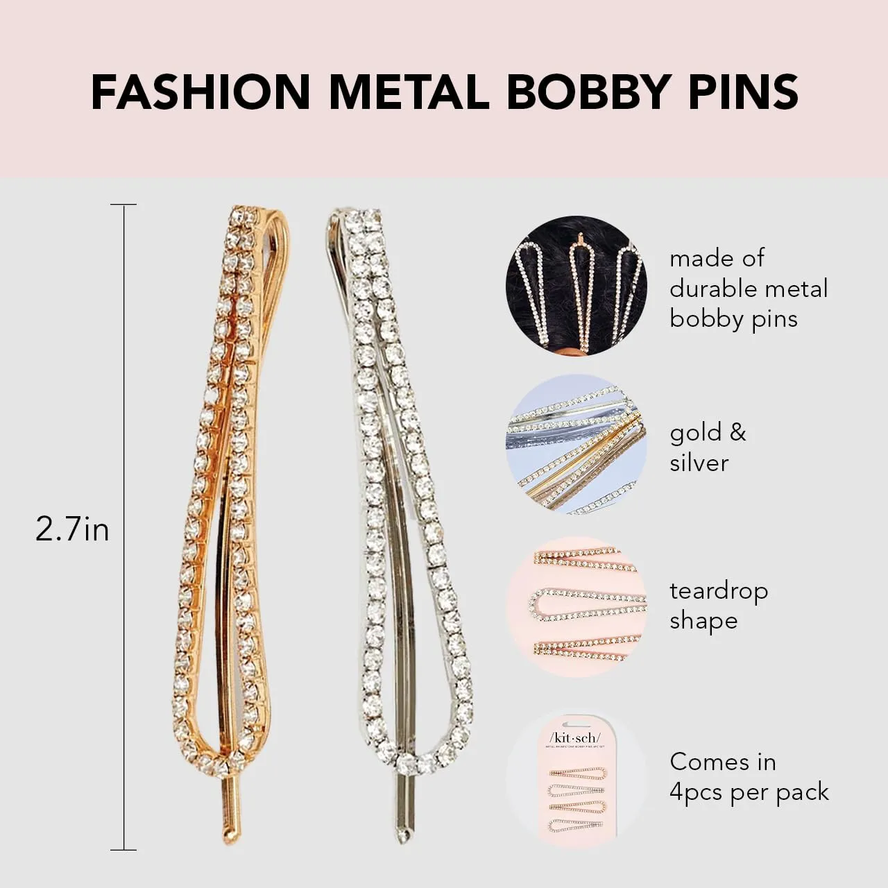 Kitsch Rhinestone Silver and Gold Hair Accessories for Women, Stylish Hair Gems | Decorative Bobby Pins for Weddings, Party, Prom, Events or Everyday Look - Set of 4