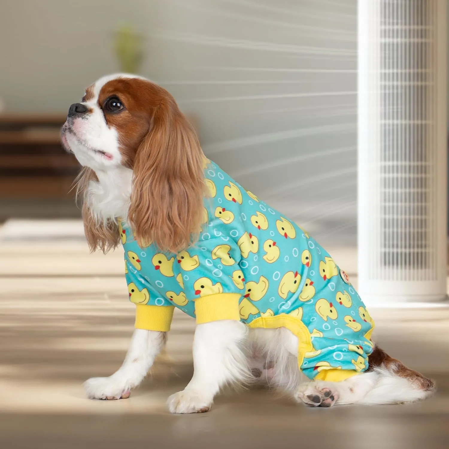 KYEESE Dog Pajamas Velvet Dog Pajamas Small Sized Dogs Soft Dogs Clothes Pjs with Yellow Ducks Pattern Stretchy Pet Jammies Coat Comfy Pet Onesie Costume, X-Large