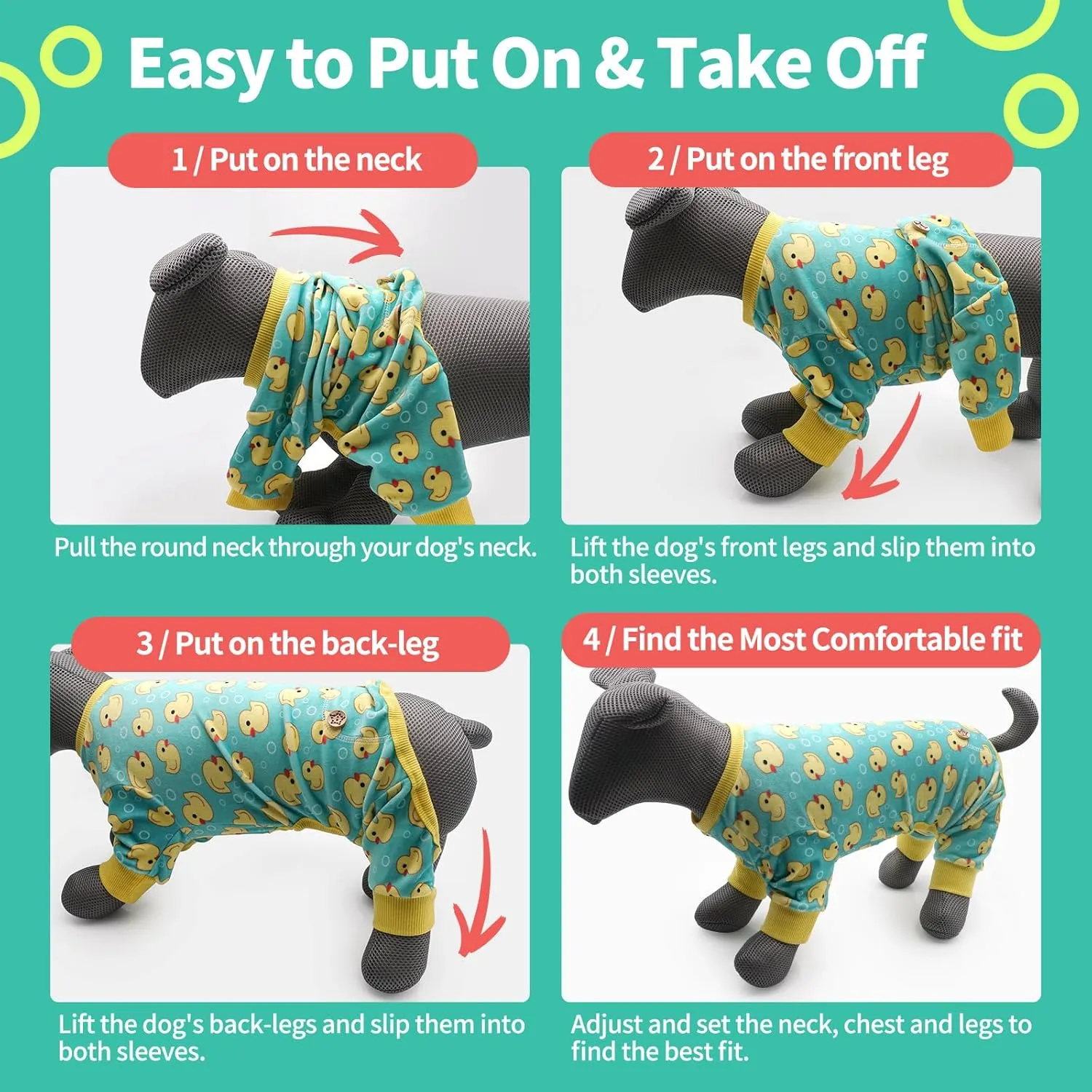 KYEESE Dog Pajamas Velvet Dog Pajamas Small Sized Dogs Soft Dogs Clothes Pjs with Yellow Ducks Pattern Stretchy Pet Jammies Coat Comfy Pet Onesie Costume, X-Large