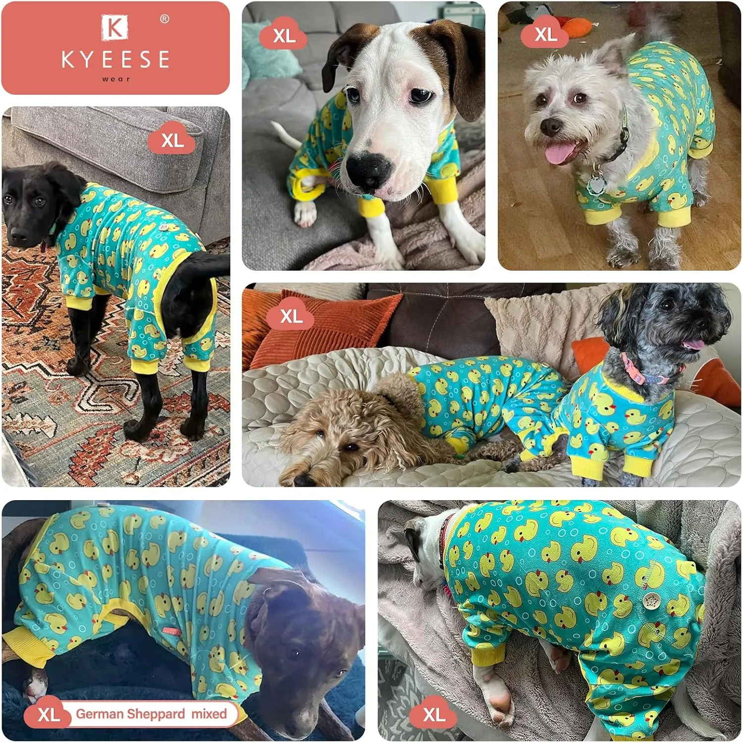 KYEESE Dog Pajamas Velvet Dog Pajamas Small Sized Dogs Soft Dogs Clothes Pjs with Yellow Ducks Pattern Stretchy Pet Jammies Coat Comfy Pet Onesie Costume, X-Large