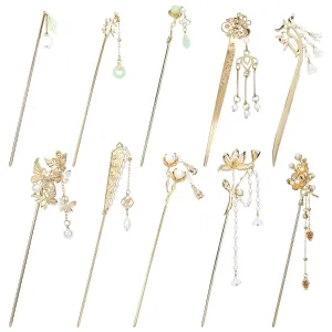 Lawie 10 Pack Retro Gold Metal Long Hair Sticks Pins with Pearl Jade Dangles Tassels Pendants Chinese Hanfu Asian Flower Butterfly Hair Chopsticks Hair Picks Bun Forks Holders Hairpins for Women Girls
