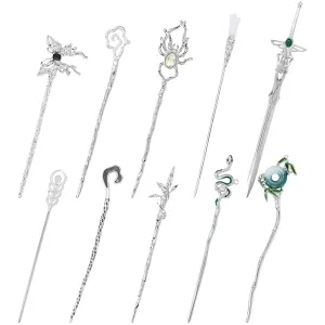 Lawie 10 Pack Silver Metal Hair Sticks Chopsticks Hair Pins Chinese Asian Hanfu Decorative Long Retro Hair Clips Snakes Swords Butterfly Jade Stone Vintage Hair Accessories for Women Girls