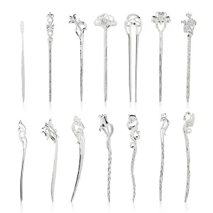Lawie 14 Pack Vintage Retro Ancient Chinese Japanese Silver Metal Hair Sticks Pins Picks Long Straight Carved Horn Fork Pen Hairpins Chopstick Clip Barrettes Decorative Bun Hair Accessories for Women