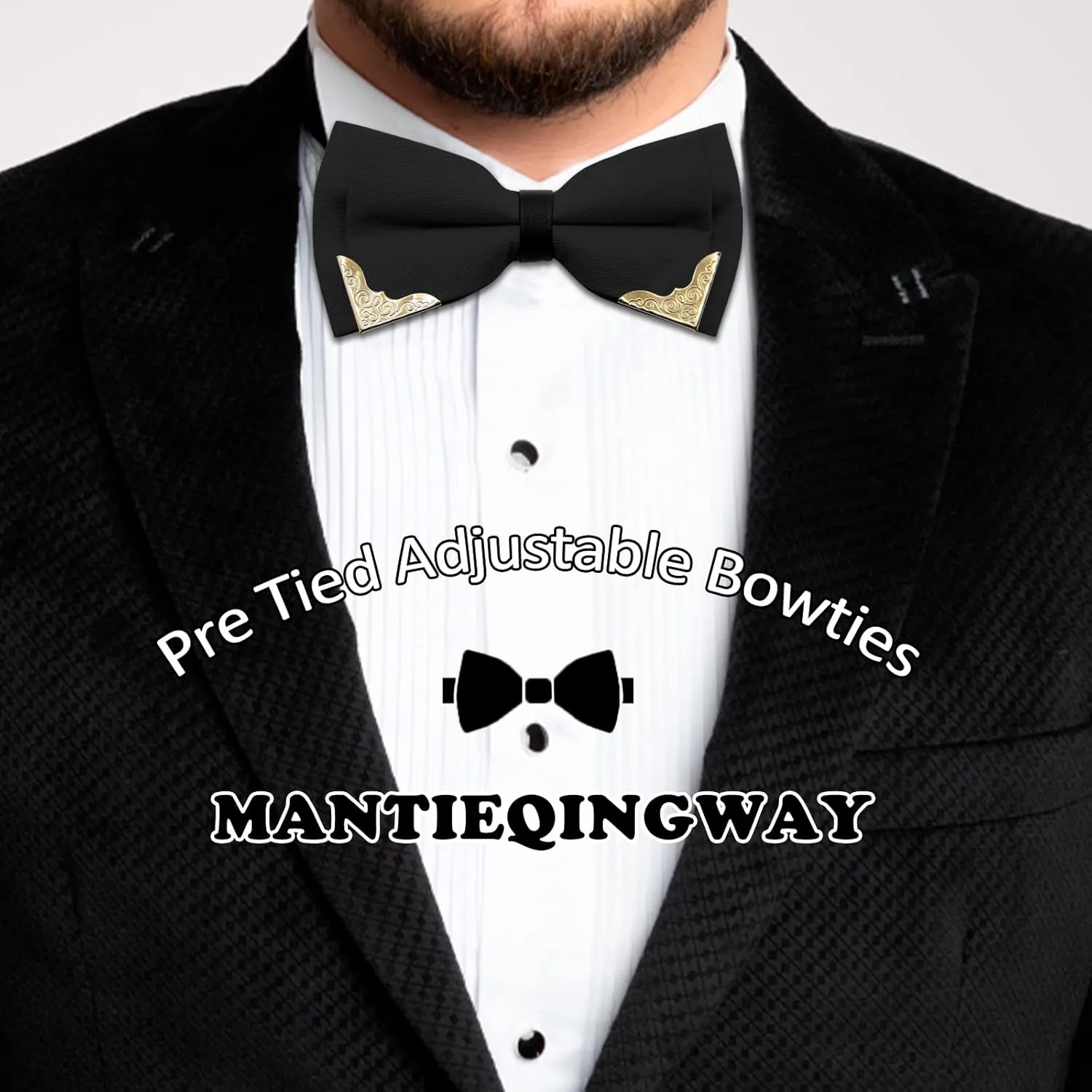 Mantieqingway Bow Ties for Men Women, Metal Gold Bowties with PU Leather Satin Formal/Wedding/Prom/Shirt/Tuxedo Bow Tie