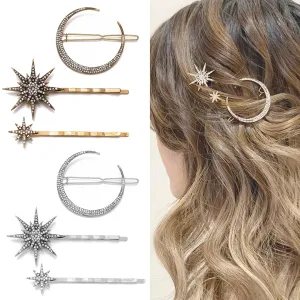 mdgfge 6 Pieces Rhinestone Stars Moon Hair Clips Vintage Star Hairpins Crystal Decorative Bobby Pins Metal Alloy Hair Pins Snowflake Side Clip Hair Accessories for Women Girls (Silver, Gold)