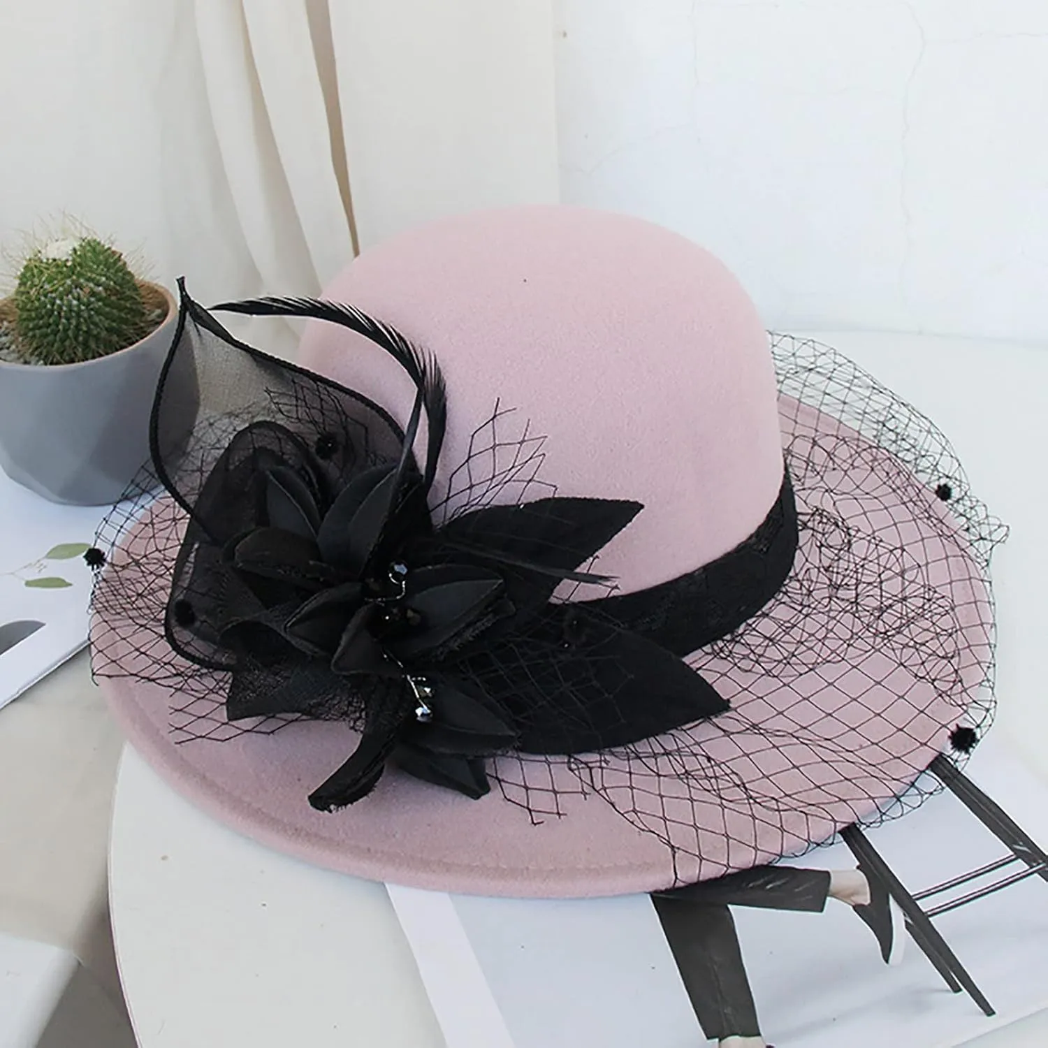 Men Women Roll-up Brim Fedora Bucket Caps Bow Cloche Hat Classic Wool Round Bowler Hats Party Costume Accessory