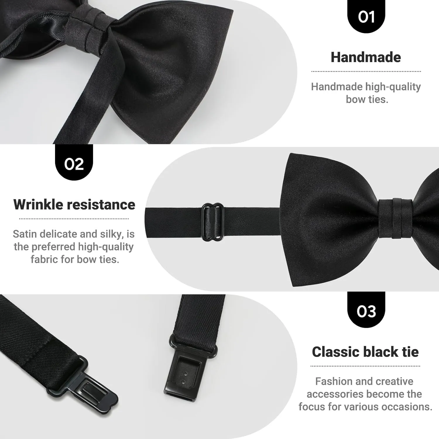 Mens Black Bow Tie Matte Satin Silk Adjustable Solid Pre-tied Bow Ties for Men with Gift Box