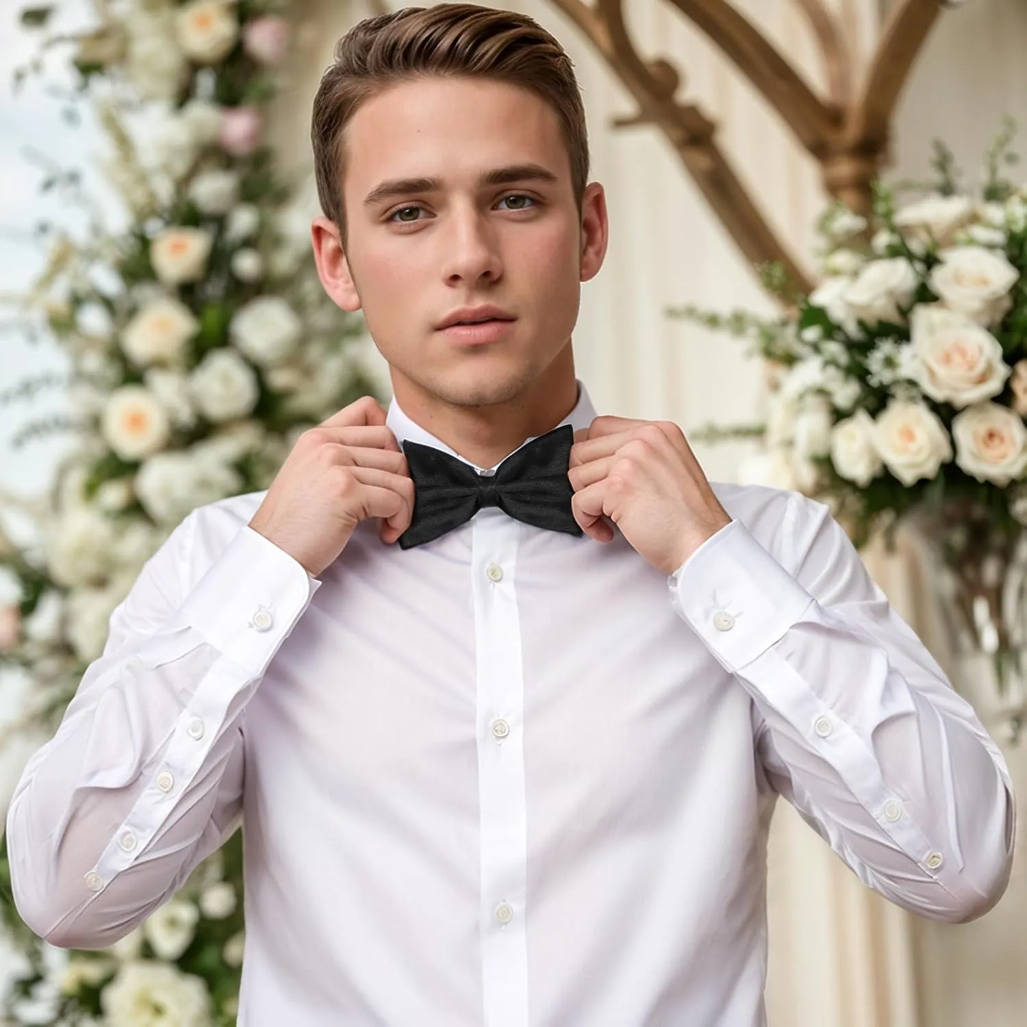 Men's Bowtie Formal Satin Solid Neck Bowtie 6/12 Pack Black Tuxedo Bowtie Set Pre-tied Adjustable Neck Band Wedding