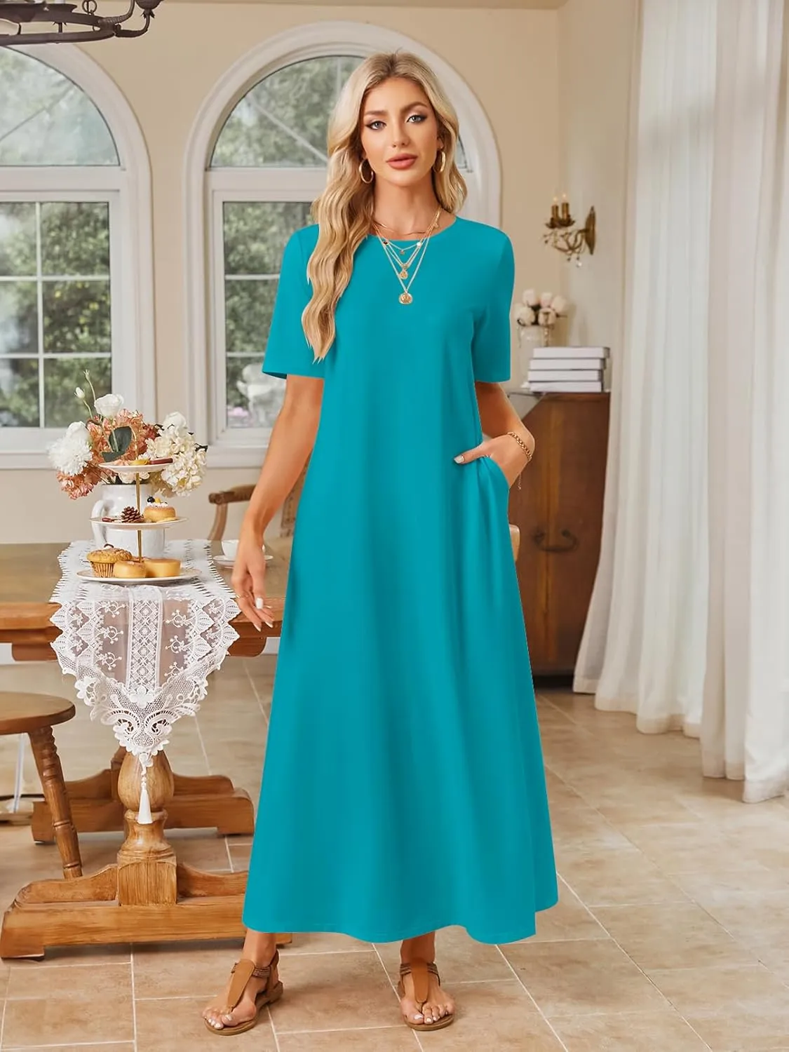 MEROKEETY Women's 2025 Summer Casual Maxi Dress Beach Vacation Short Sleeve Crewneck Basic Long T Shirt Dresses