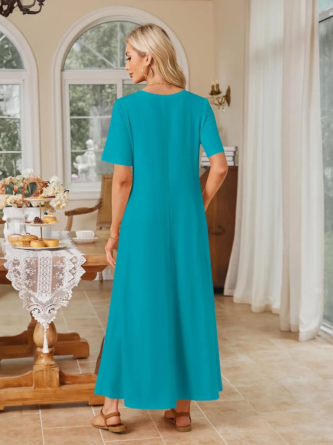 MEROKEETY Women's 2025 Summer Casual Maxi Dress Beach Vacation Short Sleeve Crewneck Basic Long T Shirt Dresses
