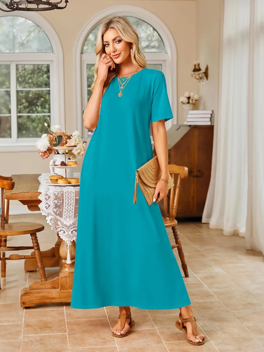 MEROKEETY Women's 2025 Summer Casual Maxi Dress Beach Vacation Short Sleeve Crewneck Basic Long T Shirt Dresses