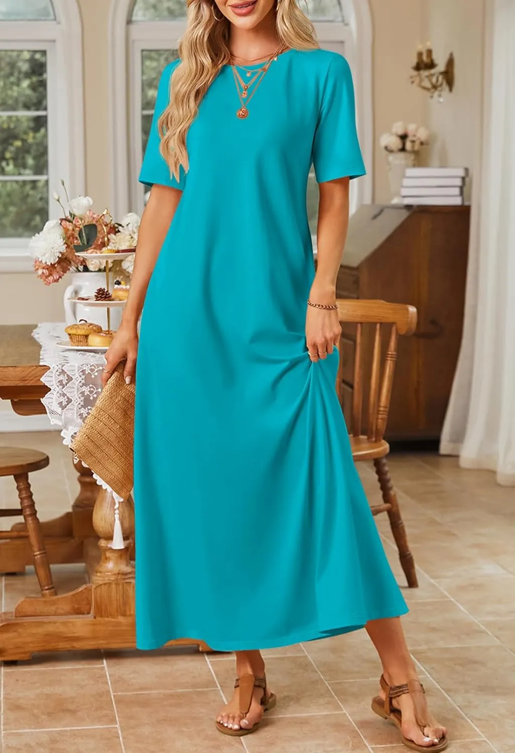 MEROKEETY Women's 2025 Summer Casual Maxi Dress Beach Vacation Short Sleeve Crewneck Basic Long T Shirt Dresses