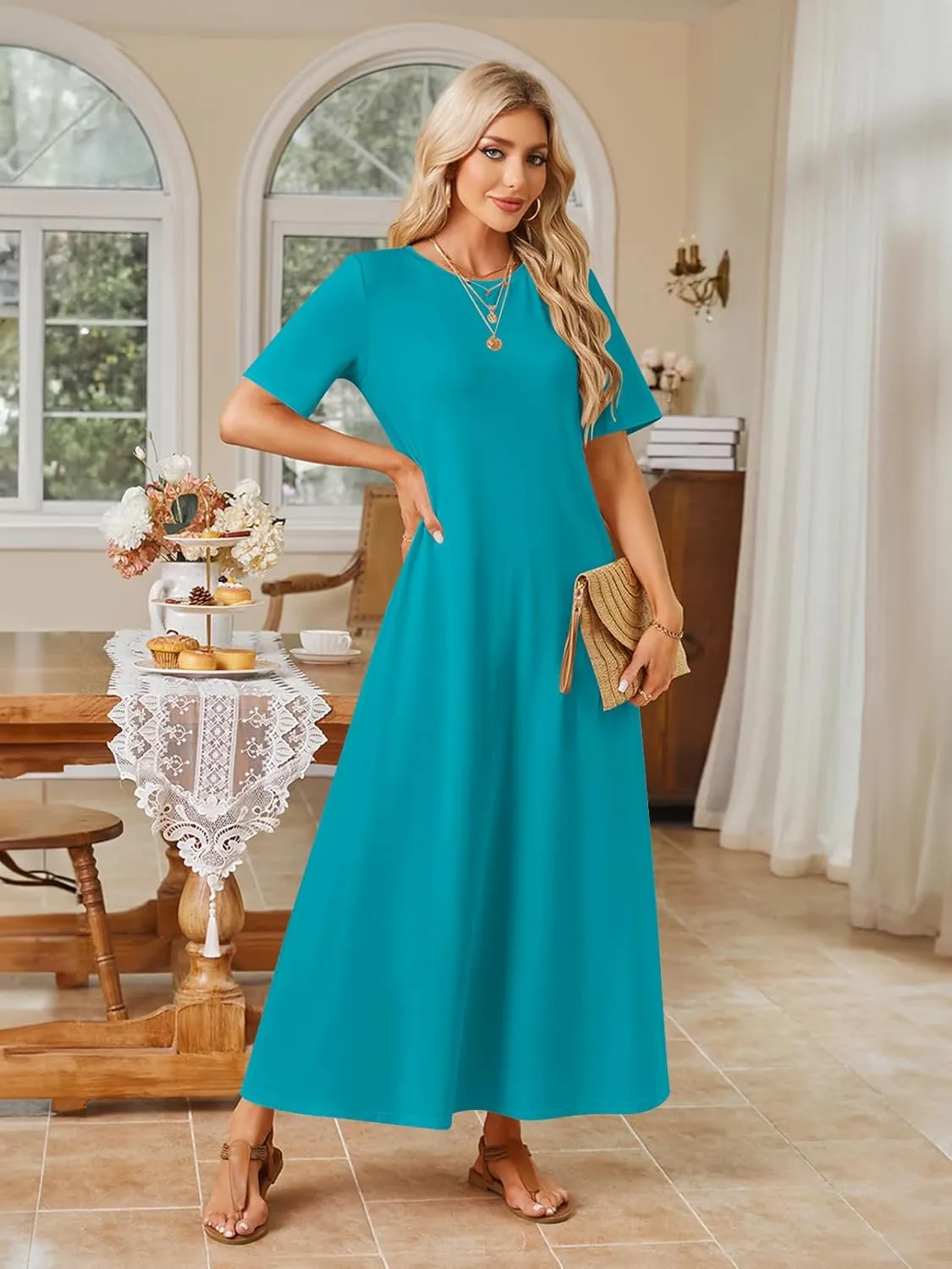 MEROKEETY Women's 2025 Summer Casual Maxi Dress Beach Vacation Short Sleeve Crewneck Basic Long T Shirt Dresses