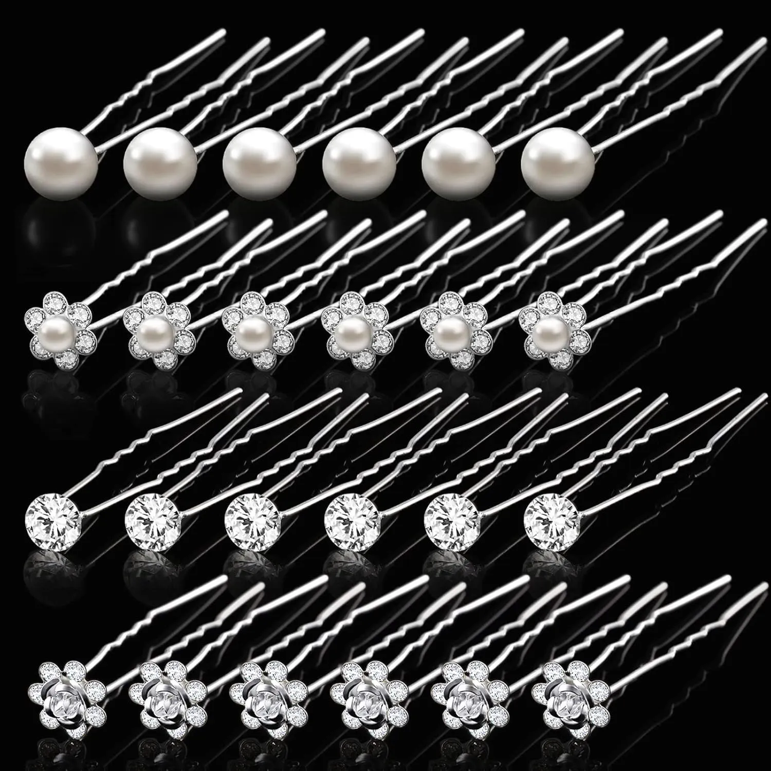 MTLEE 40 Pcs Bridal Wedding Hair Pins Pearl U Shape Rhinestone Flower Hairpins Hair Accessories Bobby Clips Jewelry for Bride Bridesmaid Women