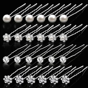 MTLEE 40 Pcs Bridal Wedding Hair Pins Pearl U Shape Rhinestone Flower Hairpins Hair Accessories Bobby Clips Jewelry for Bride Bridesmaid Women