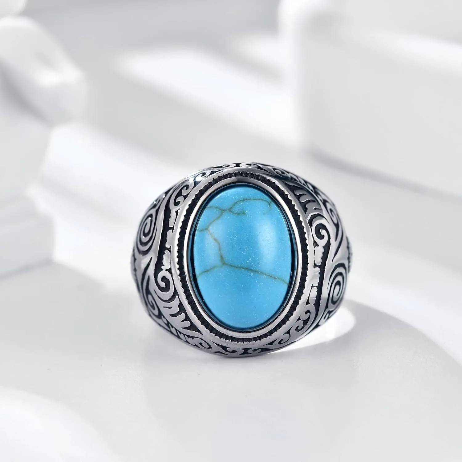 MYNENEY Retro Vintage Stone Rings for Men Turquoise Rings Stainless Steel Signet Biker Band