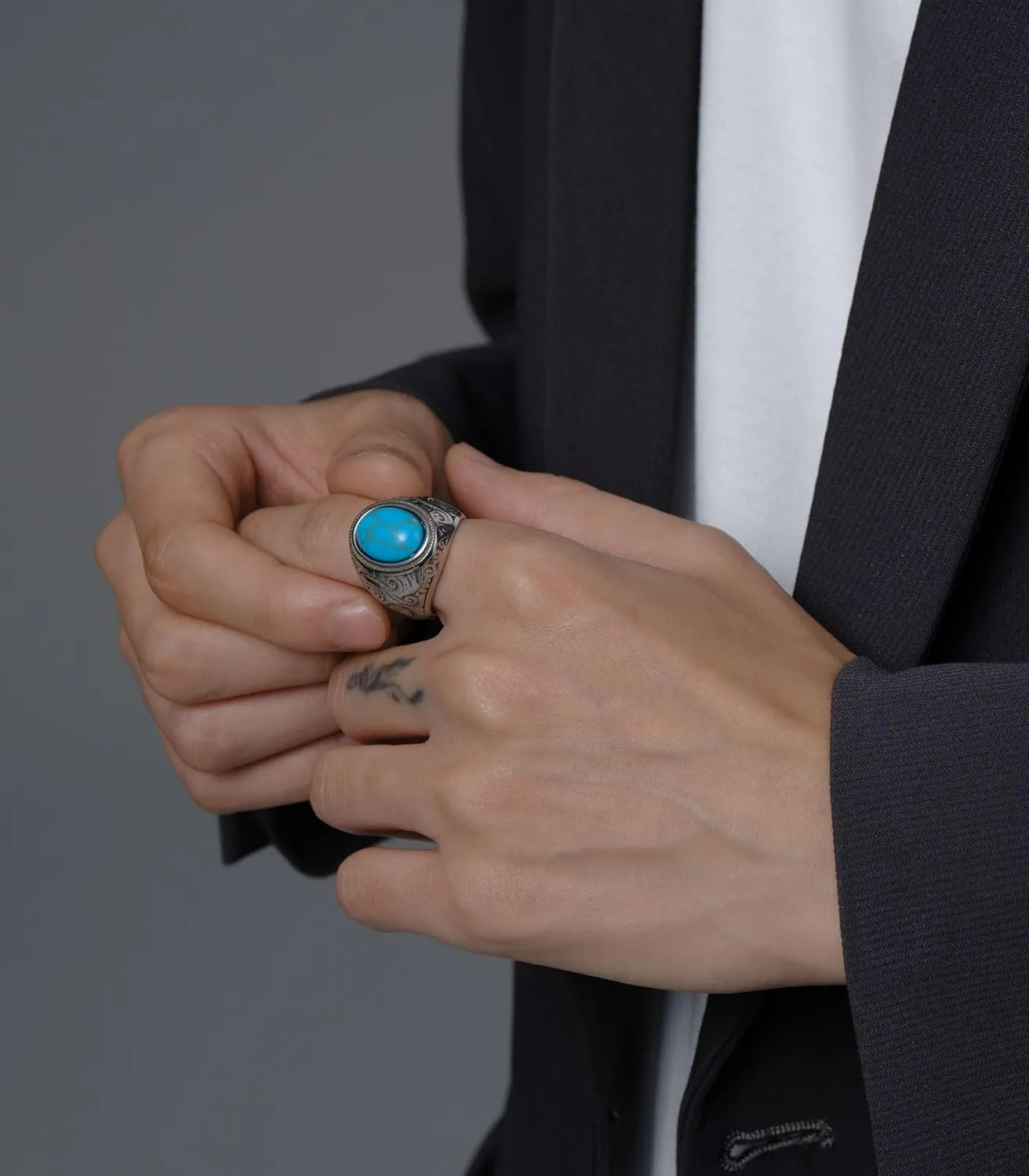 MYNENEY Retro Vintage Stone Rings for Men Turquoise Rings Stainless Steel Signet Biker Band