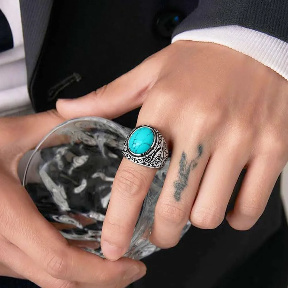 MYNENEY Retro Vintage Stone Rings for Men Turquoise Rings Stainless Steel Signet Biker Band
