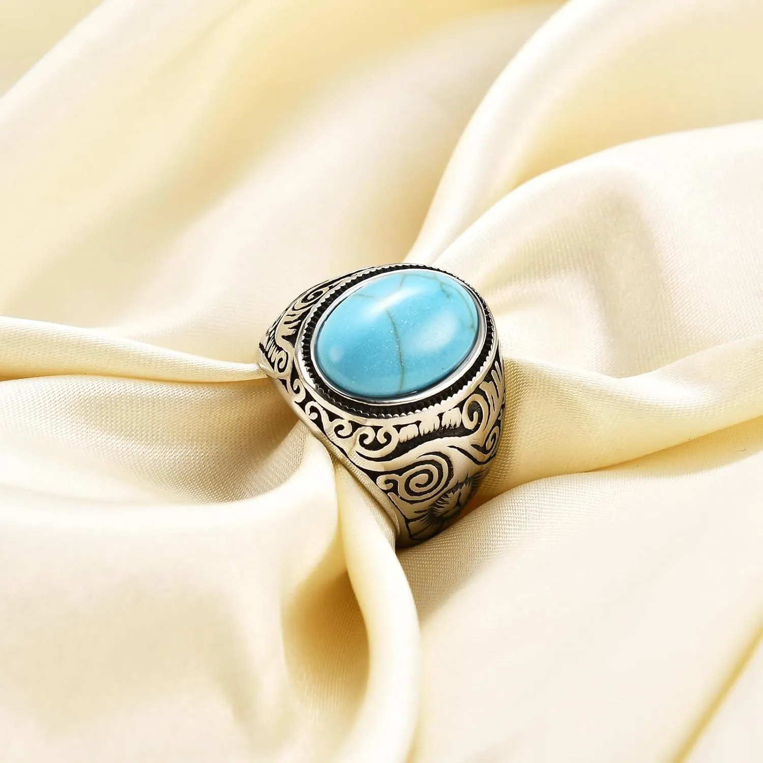 MYNENEY Retro Vintage Stone Rings for Men Turquoise Rings Stainless Steel Signet Biker Band
