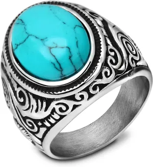 MYNENEY Retro Vintage Stone Rings for Men Turquoise Rings Stainless Steel Signet Biker Band