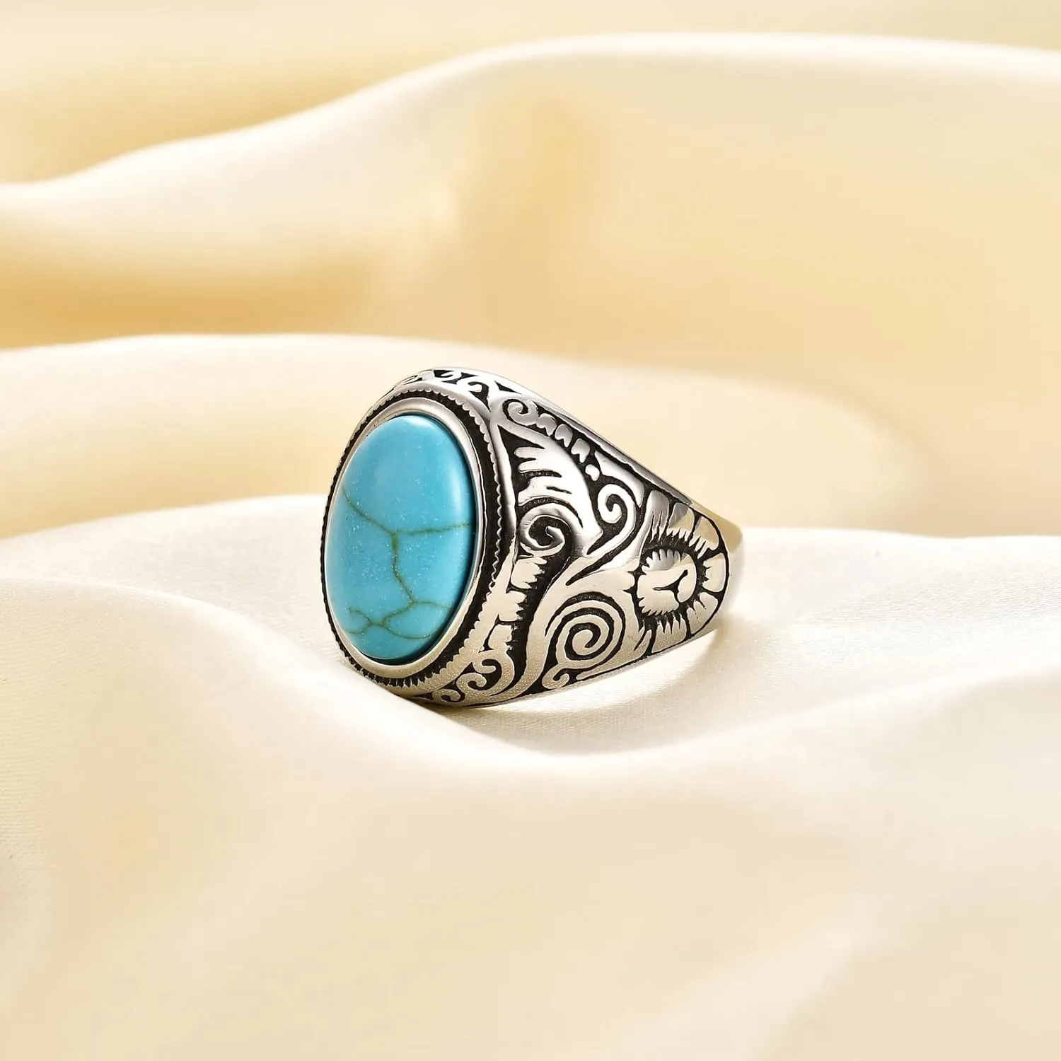 MYNENEY Retro Vintage Stone Rings for Men Turquoise Rings Stainless Steel Signet Biker Band