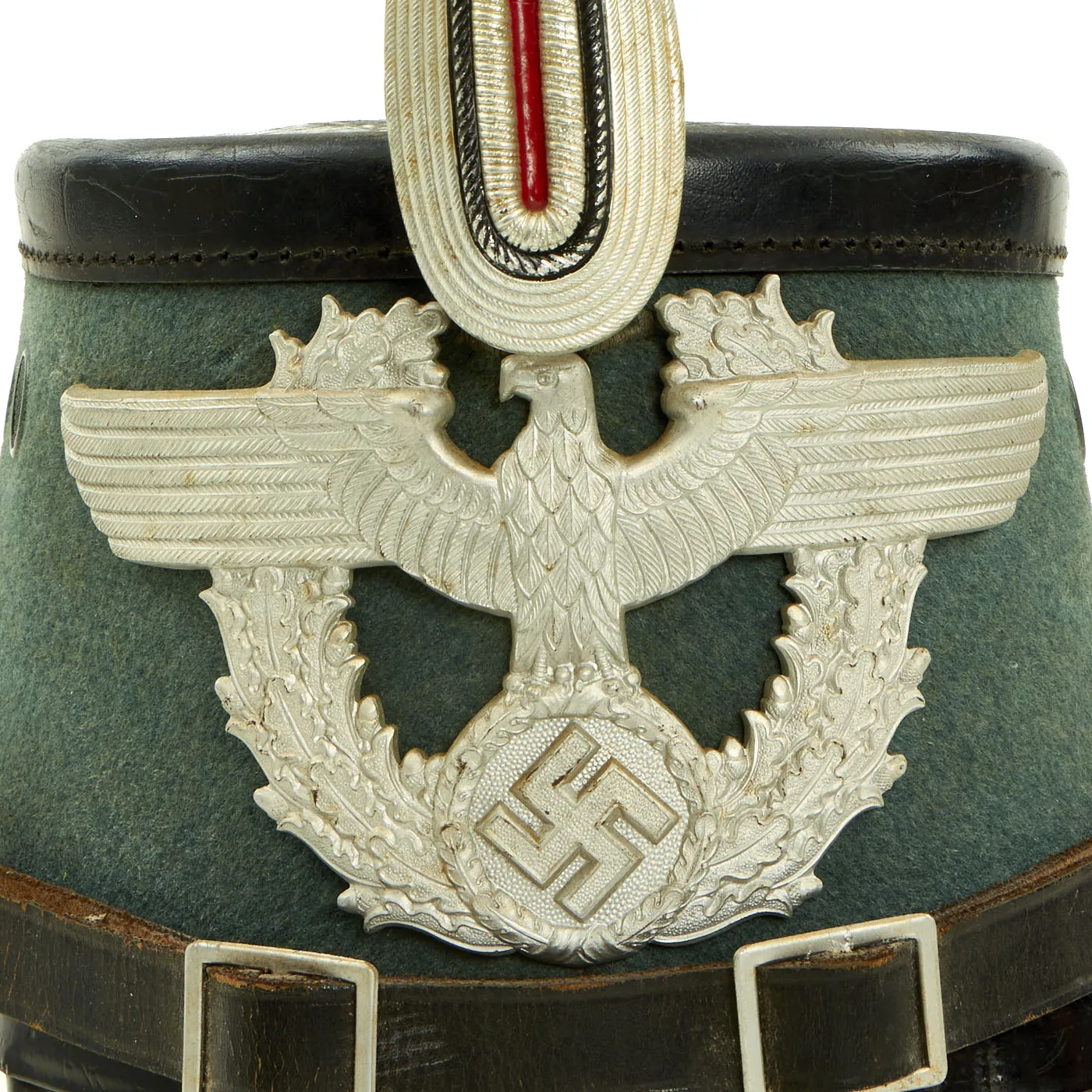 Original German WWII Late Pattern Metropolitan Police Shako by EREL with Cockade & Chinstrap - Size 56 1/2