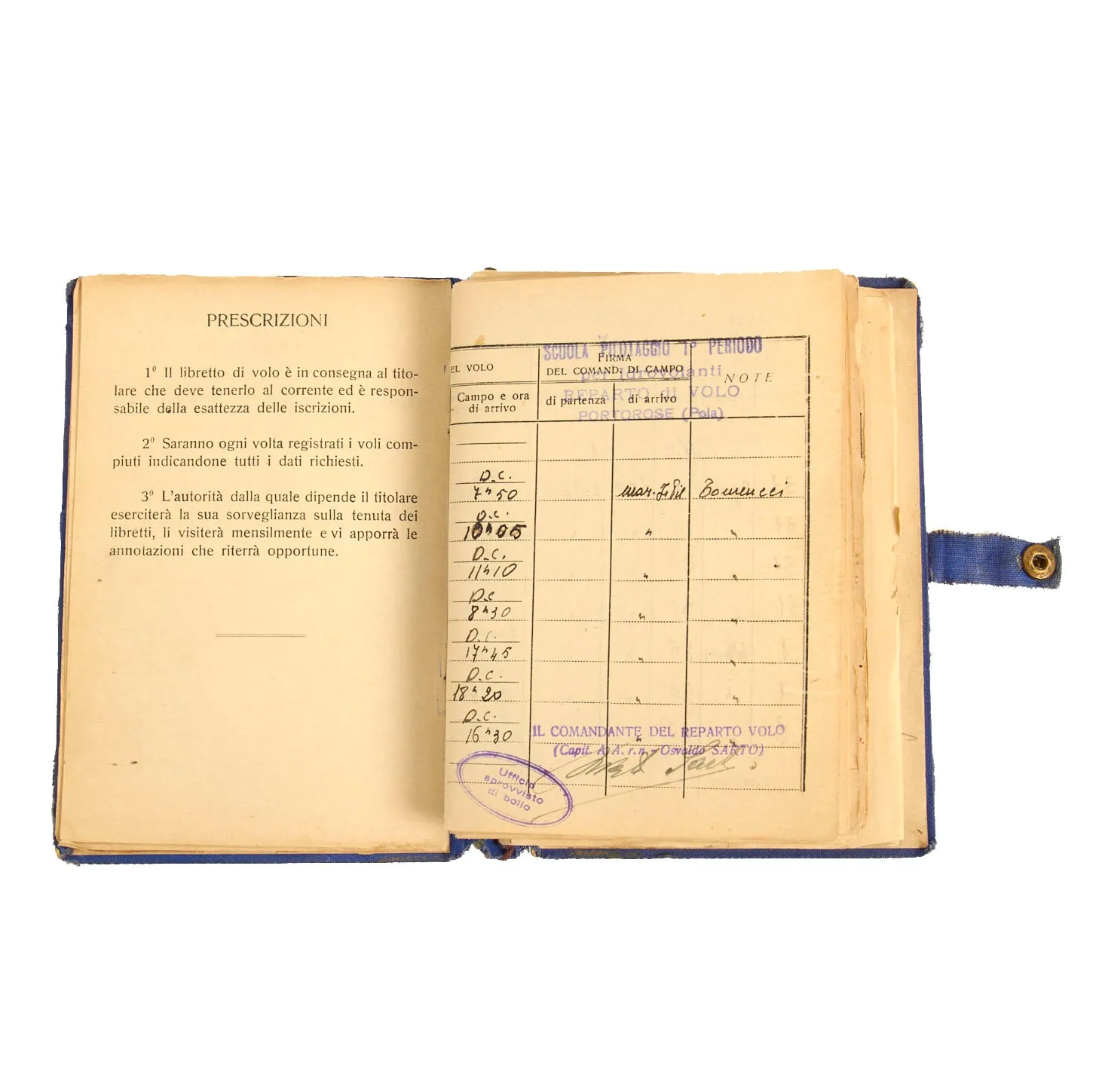 Original Italian WWII Air Ministry Flight Log, Peaked Visor and Photographs for Lieutenant Bruno Vesselizza, 171st Squadron R.M. Regia Marina Navy Command