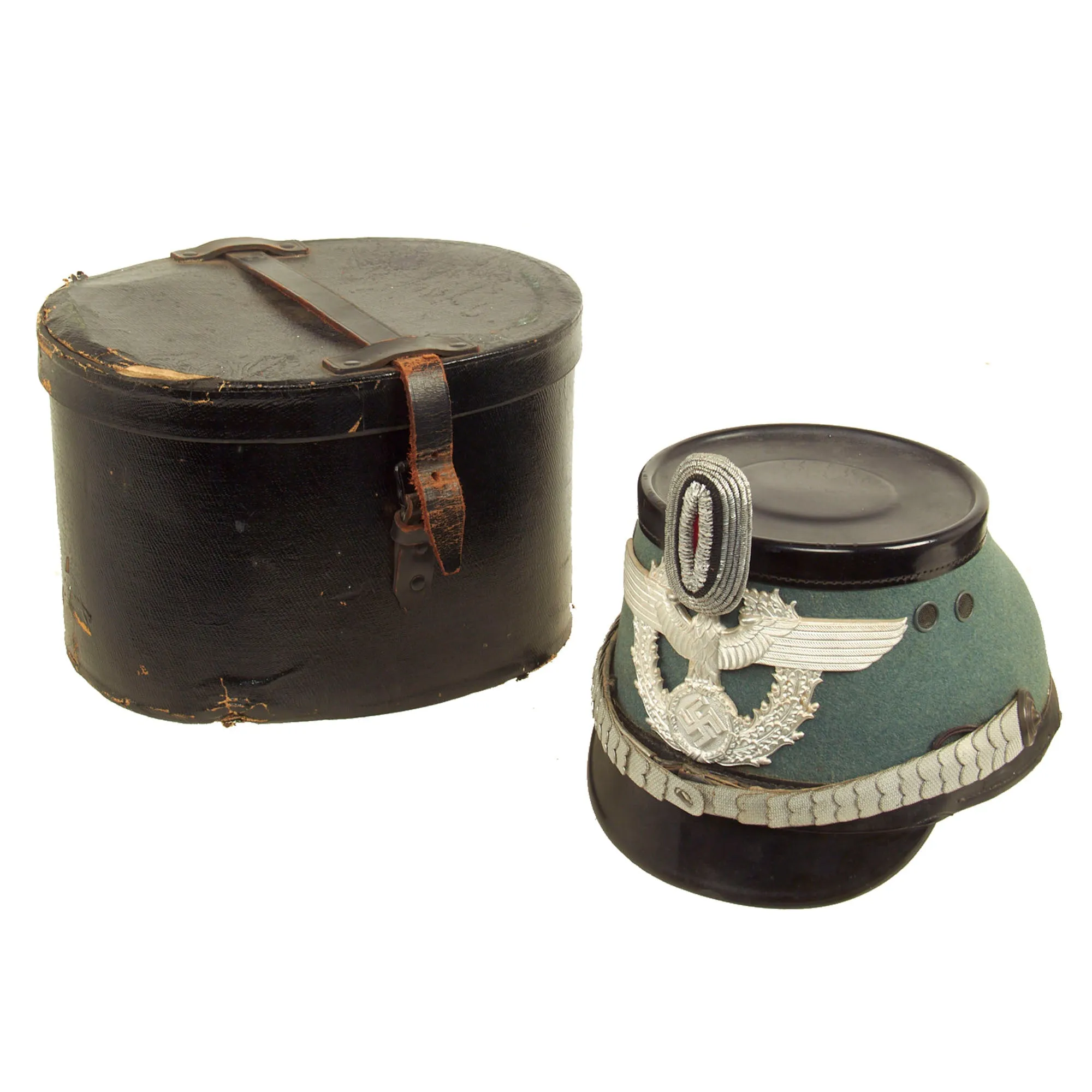 Original Rare Cased German WWII Late Pattern High End Metropolitan Police Shako with Chins Scales & Cockade