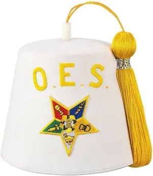 Premium OES White Fez Hat with Case & Gold Tassel  Embroidered OES with Star Emblem, 100% Wool Felt (Standard (Off-White) Fez, Hat Size: 7 (57cm / 21 1/4") M)