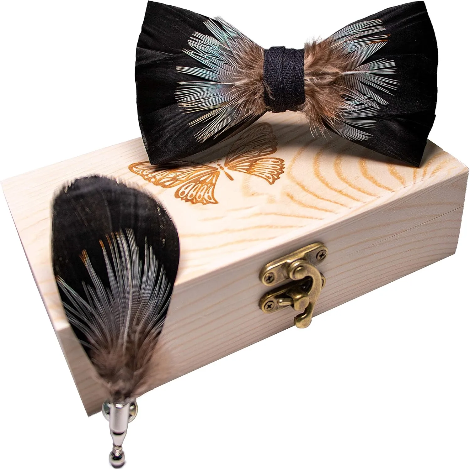 RBOCOTT Handmade Feather Pre-tied Bow tie and Brooch Sets for Men