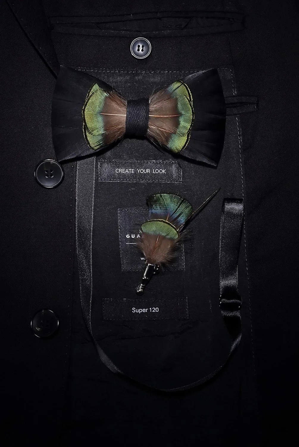 RBOCOTT Handmade Feather Pre-tied Bow tie and Brooch Sets for Men
