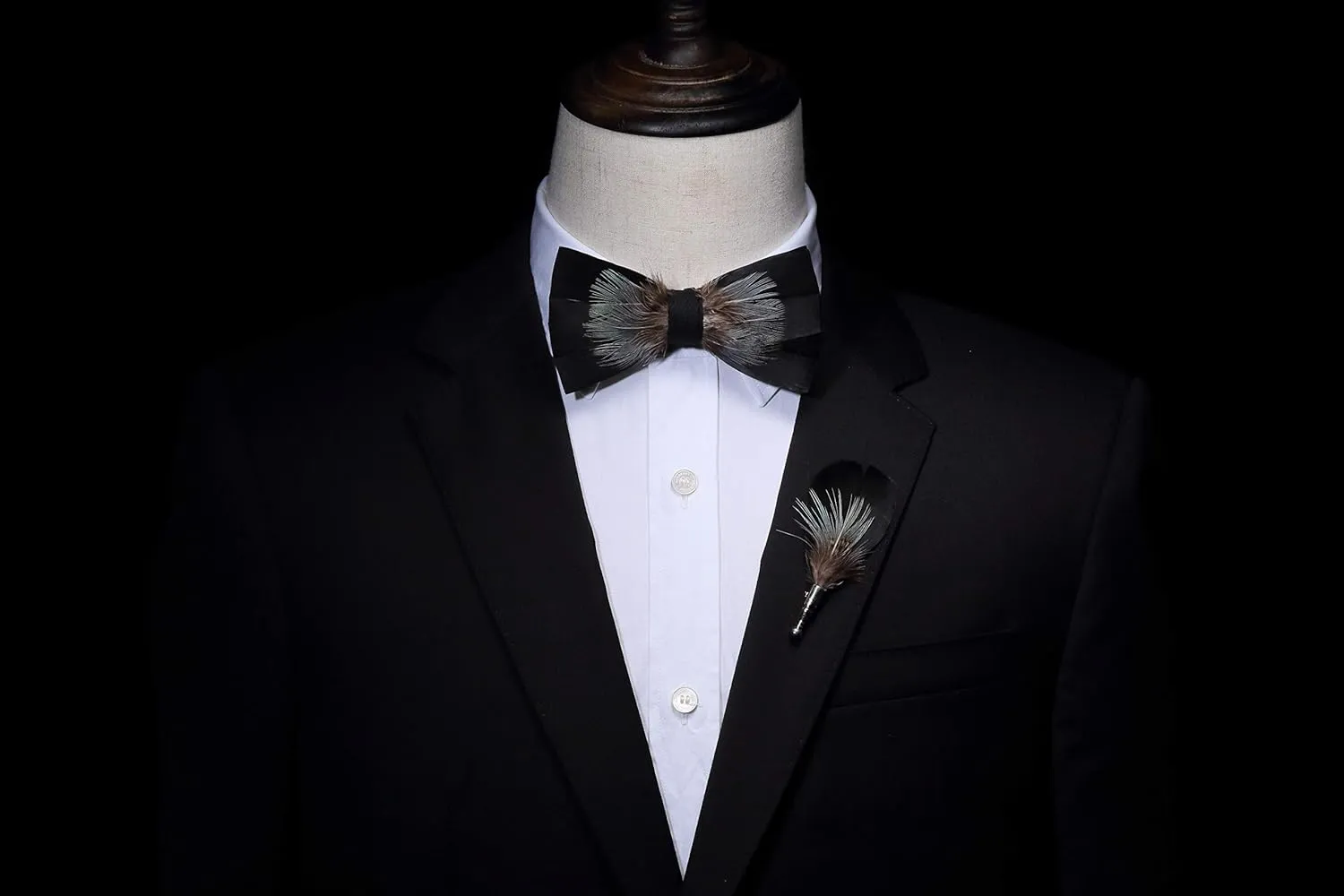 RBOCOTT Handmade Feather Pre-tied Bow tie and Brooch Sets for Men
