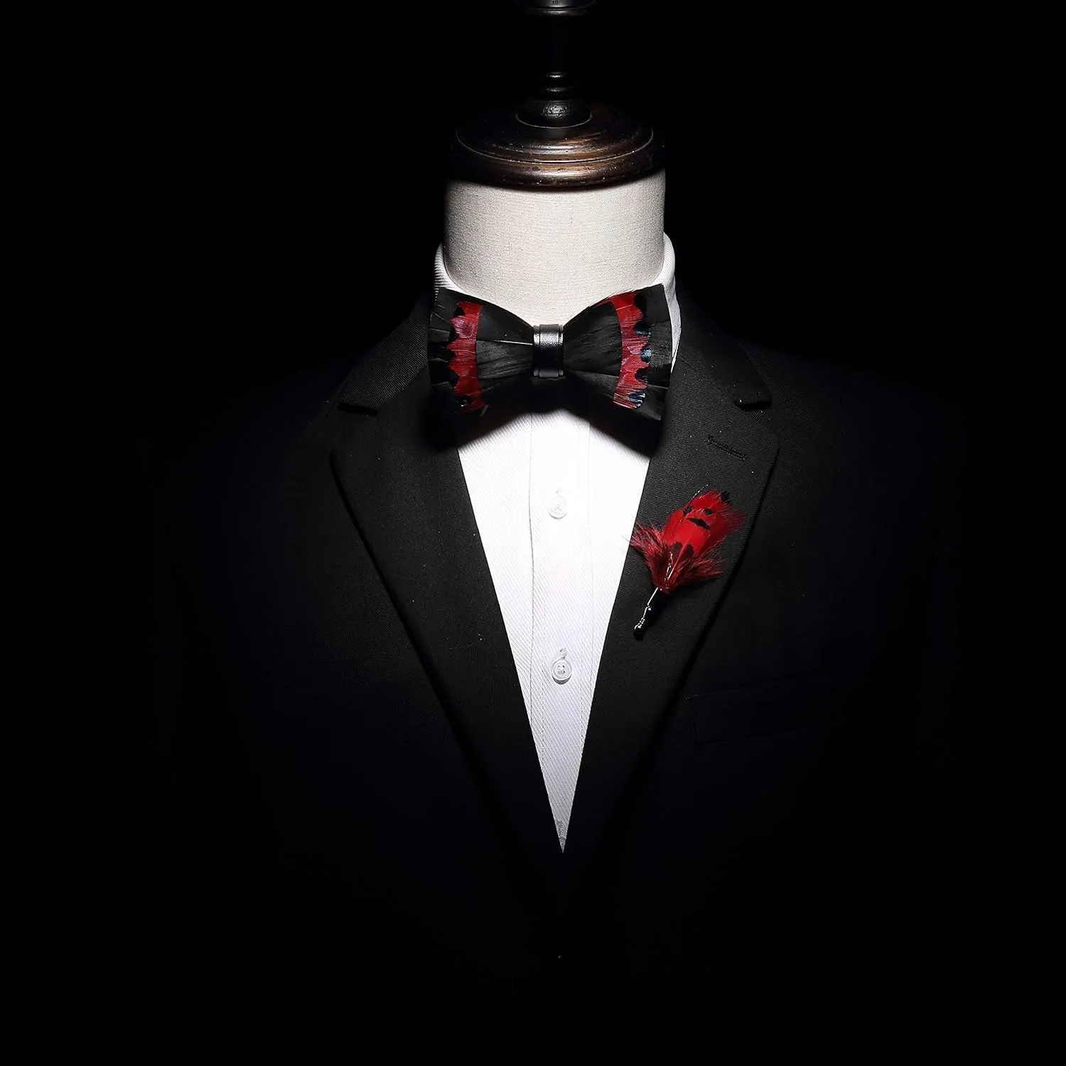 RBOCOTT Handmade Feather Pre-tied Bow tie and Brooch Sets for Men