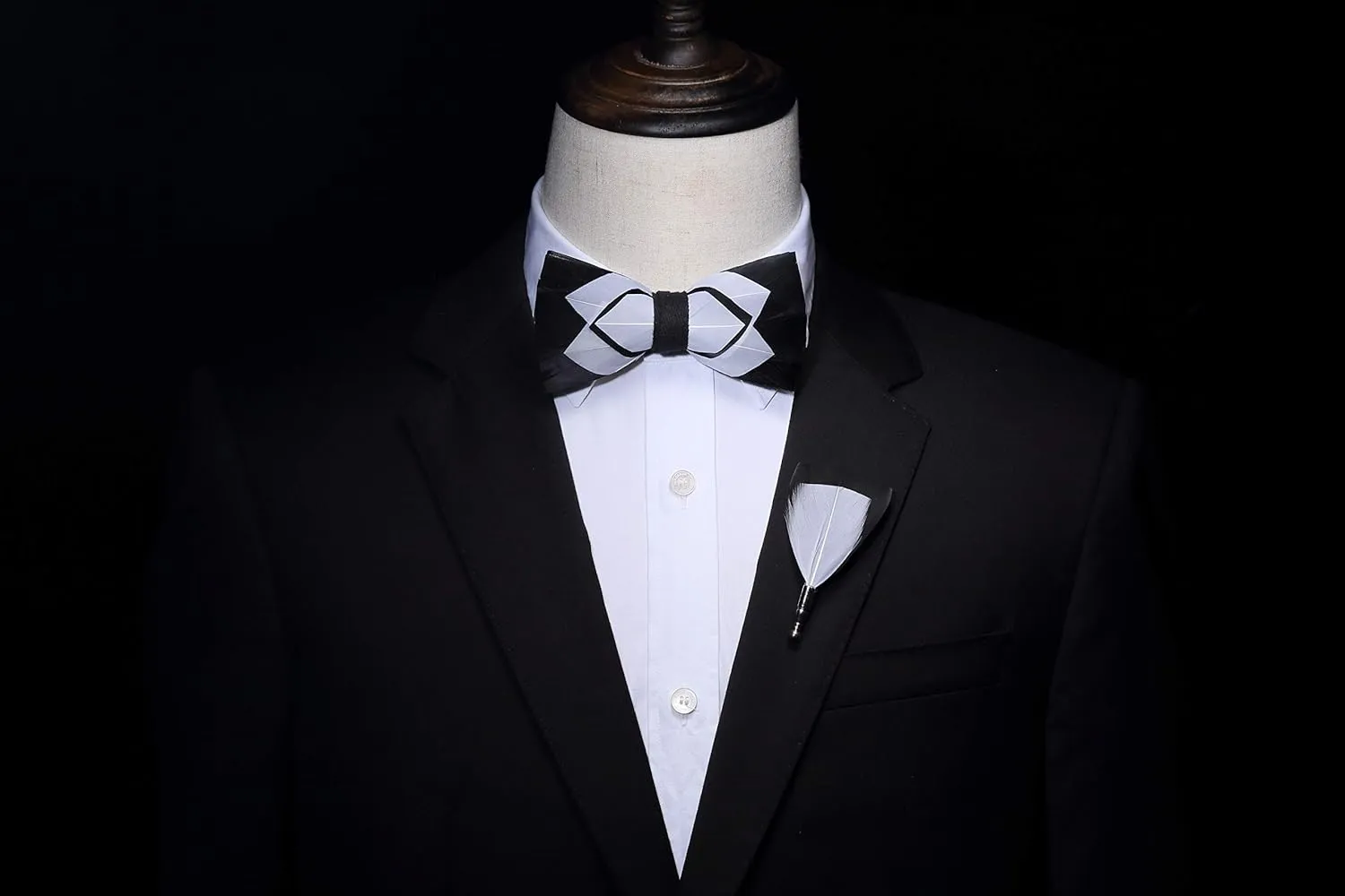 RBOCOTT Handmade Feather Pre-tied Bow tie and Brooch Sets for Men