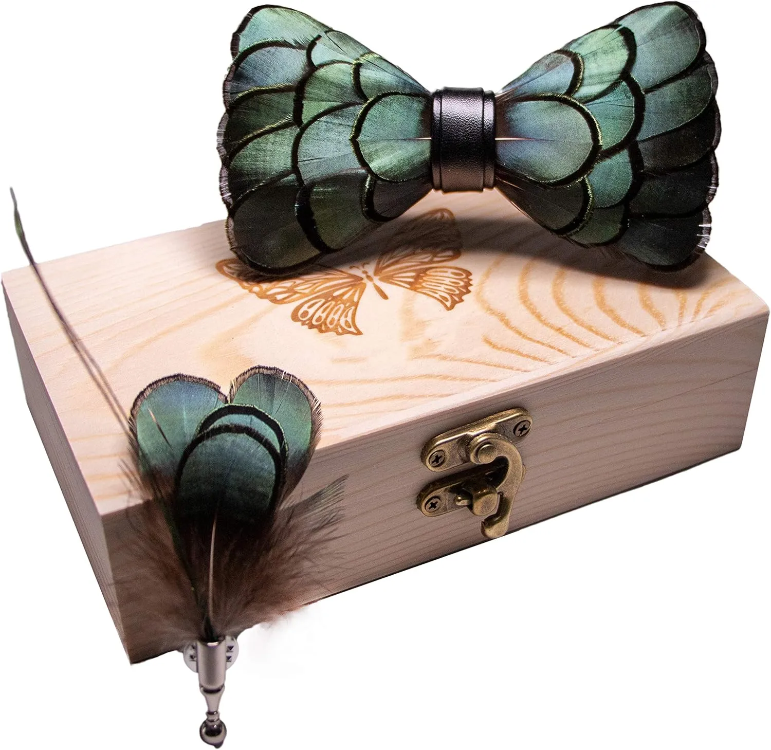 RBOCOTT Handmade Feather Pre-tied Bow tie and Brooch Sets for Men