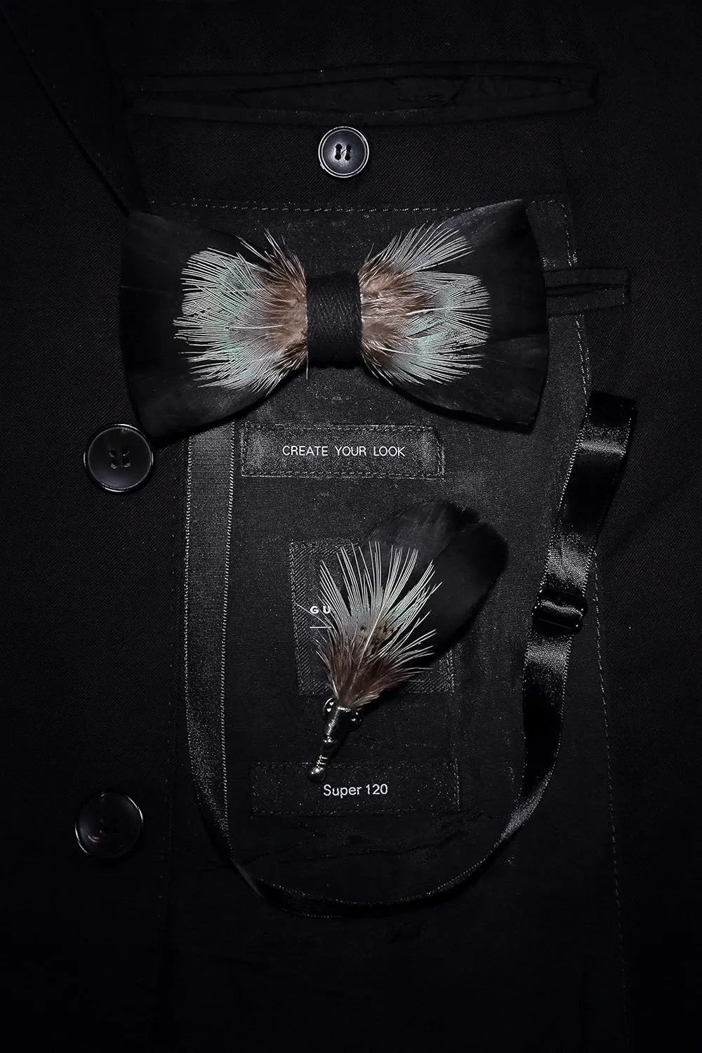 RBOCOTT Handmade Feather Pre-tied Bow tie and Brooch Sets for Men