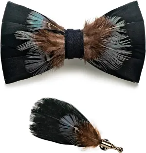 RBOCOTT Handmade Feather Pre-tied Bow tie and Brooch Sets for Men