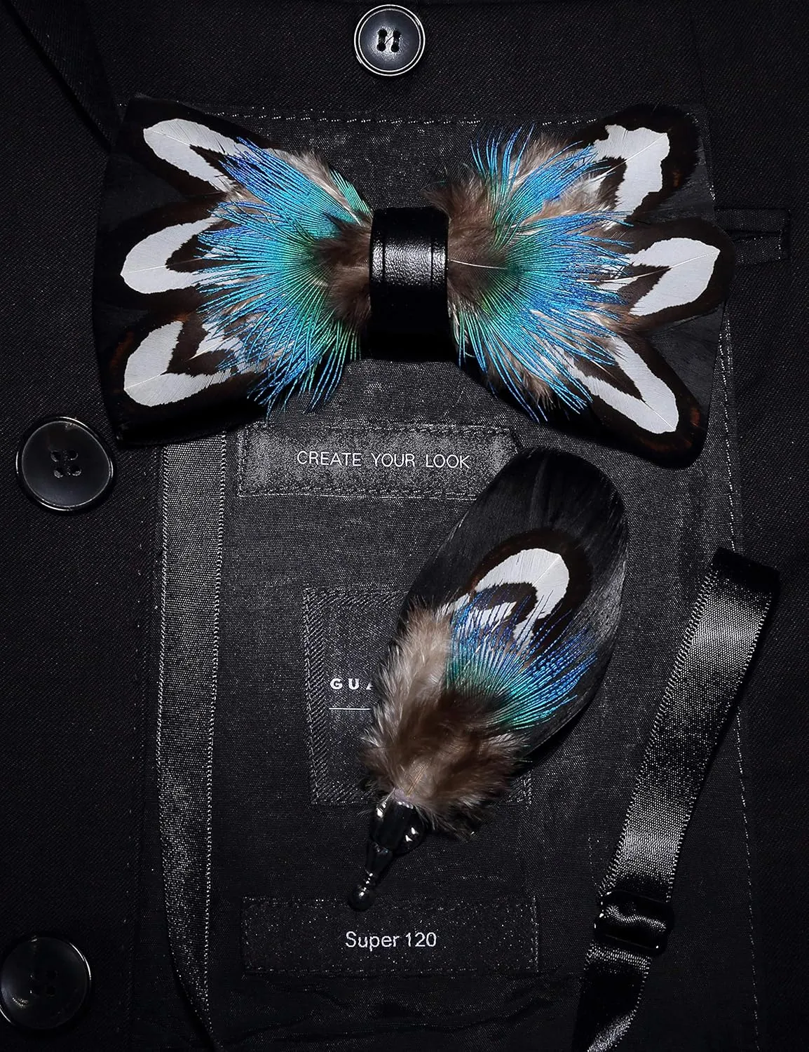 RBOCOTT Handmade Feather Pre-tied Bow tie and Brooch Sets for Men