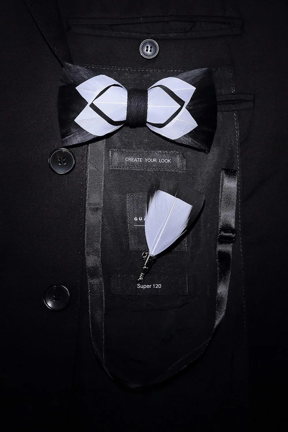 RBOCOTT Handmade Feather Pre-tied Bow tie and Brooch Sets for Men