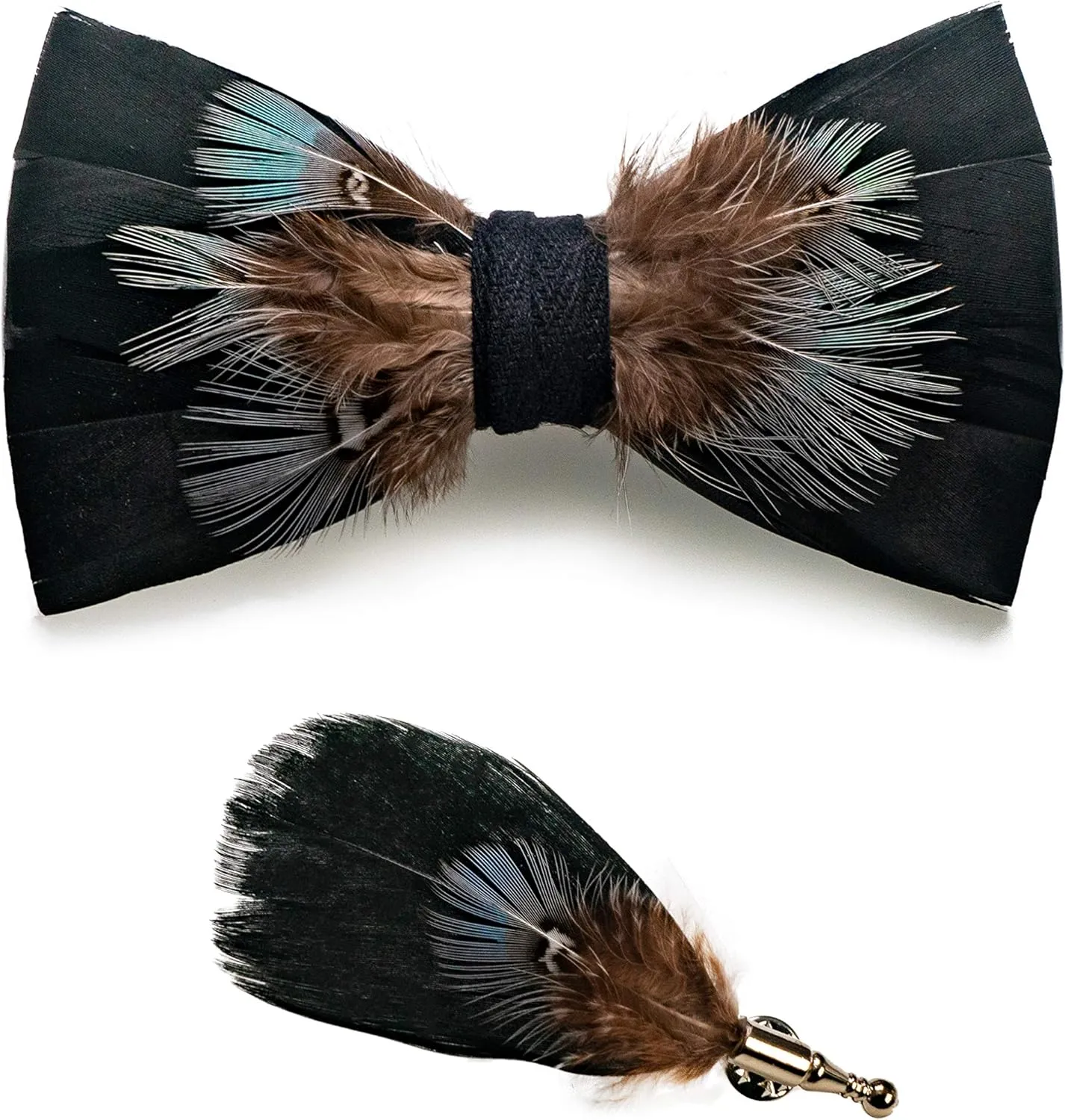 RBOCOTT Handmade Feather Pre-tied Bow tie and Brooch Sets for Men