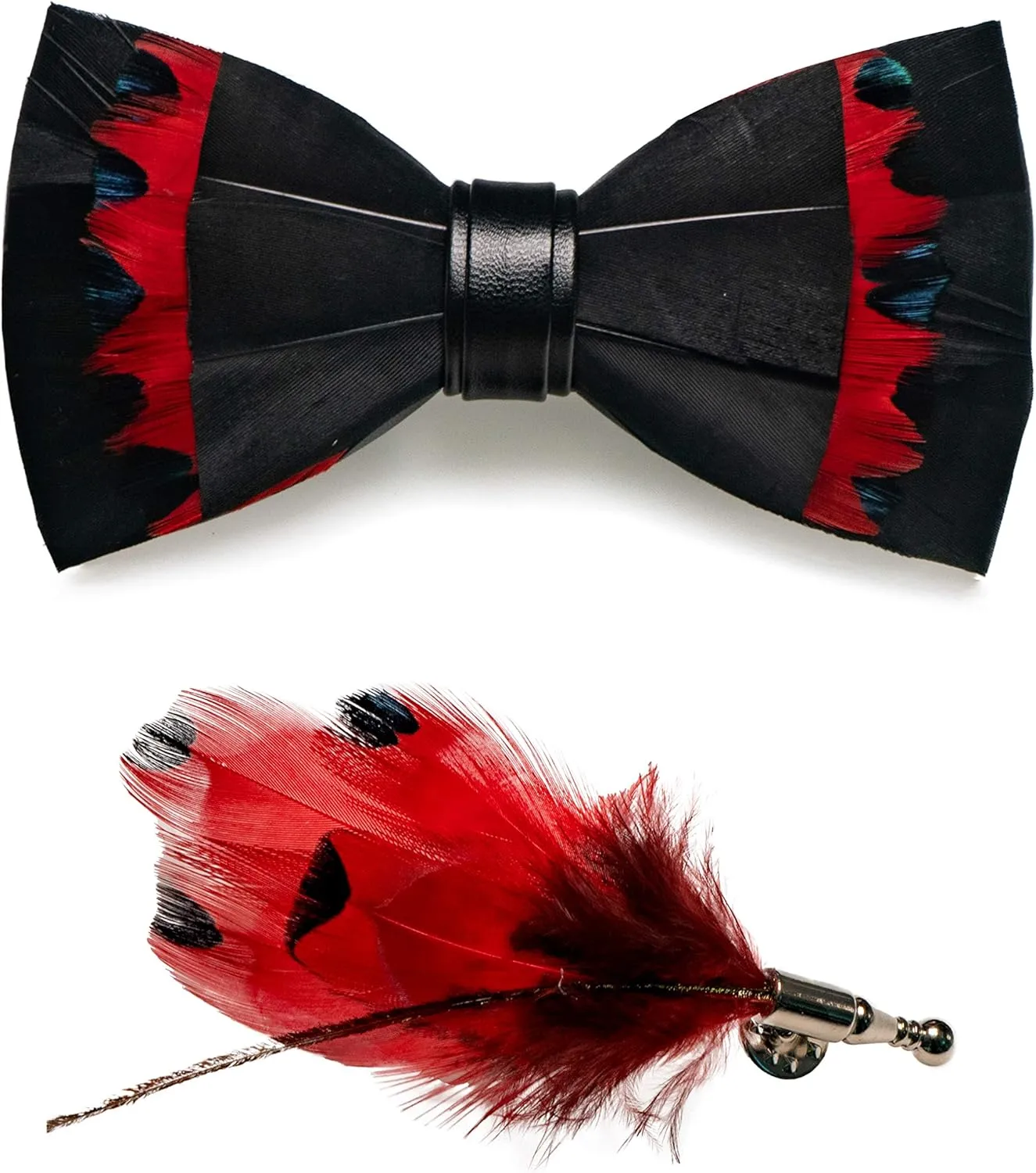 RBOCOTT Handmade Feather Pre-tied Bow tie and Brooch Sets for Men