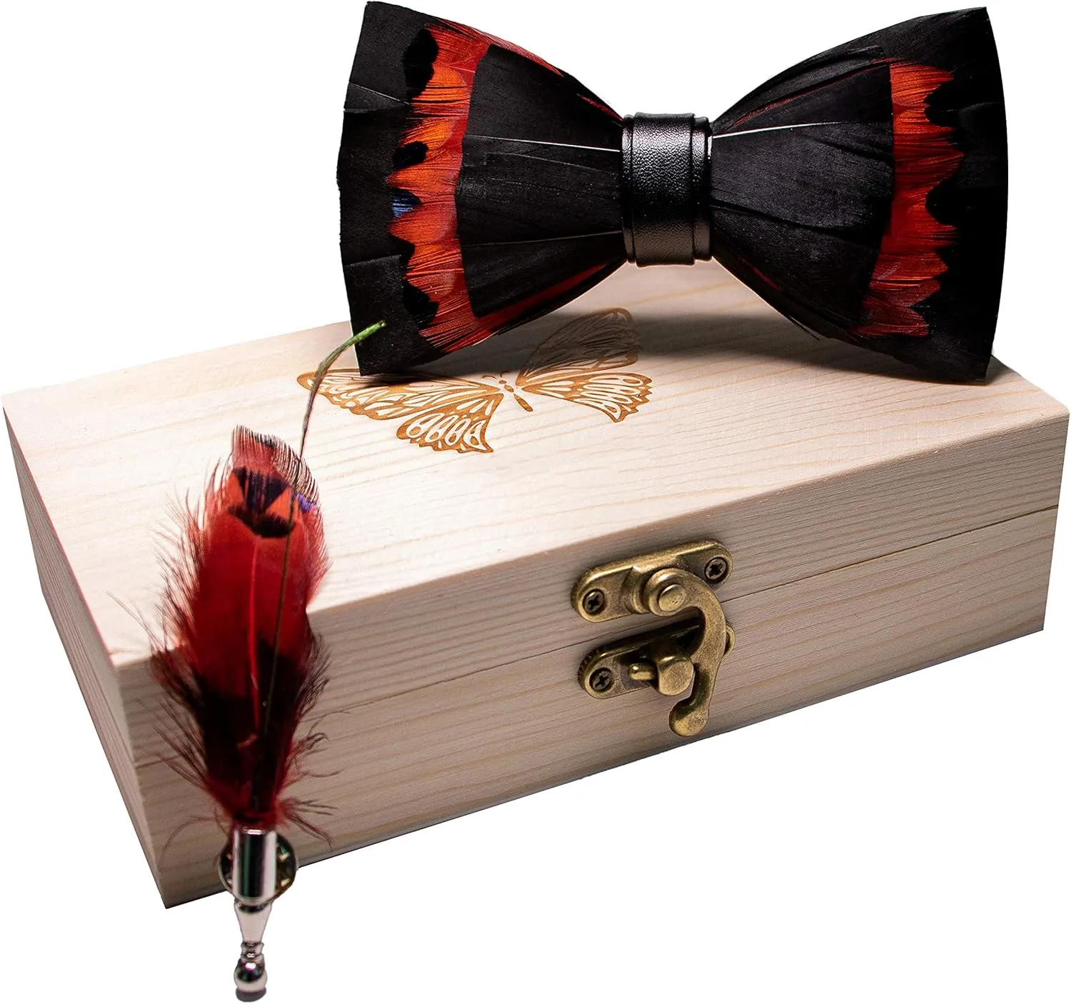 RBOCOTT Handmade Feather Pre-tied Bow tie and Brooch Sets for Men
