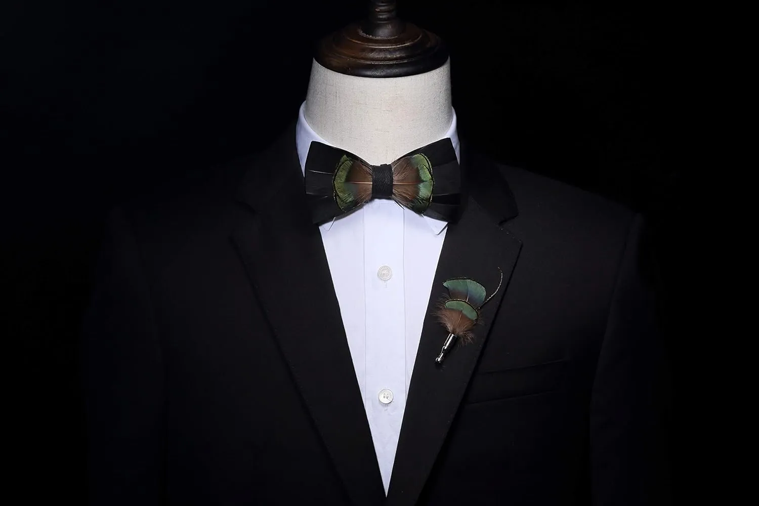 RBOCOTT Handmade Feather Pre-tied Bow tie and Brooch Sets for Men