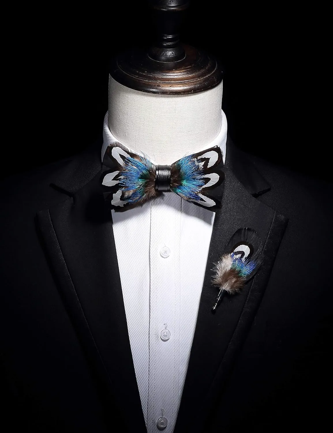 RBOCOTT Handmade Feather Pre-tied Bow tie and Brooch Sets for Men