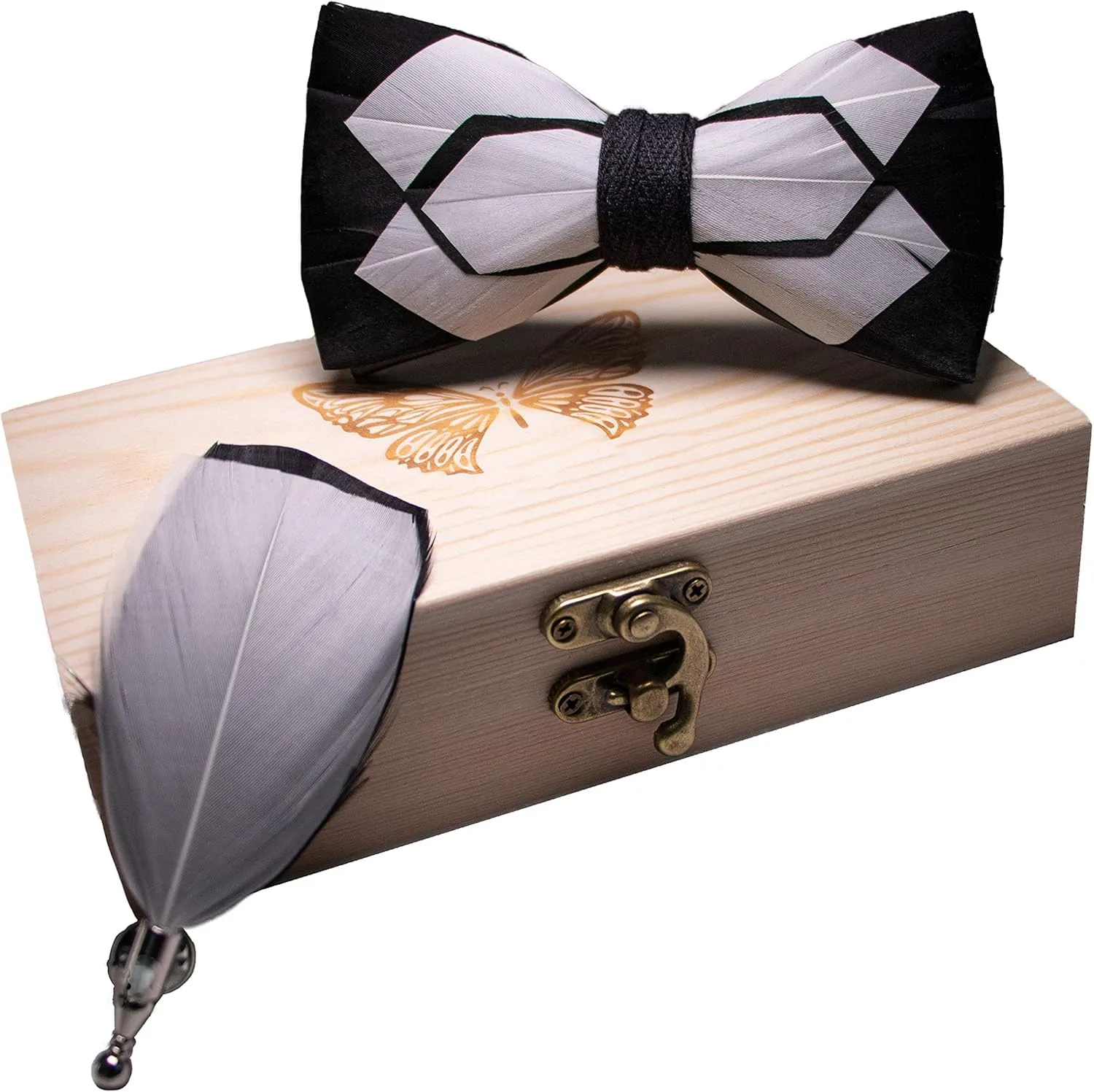 RBOCOTT Handmade Feather Pre-tied Bow tie and Brooch Sets for Men